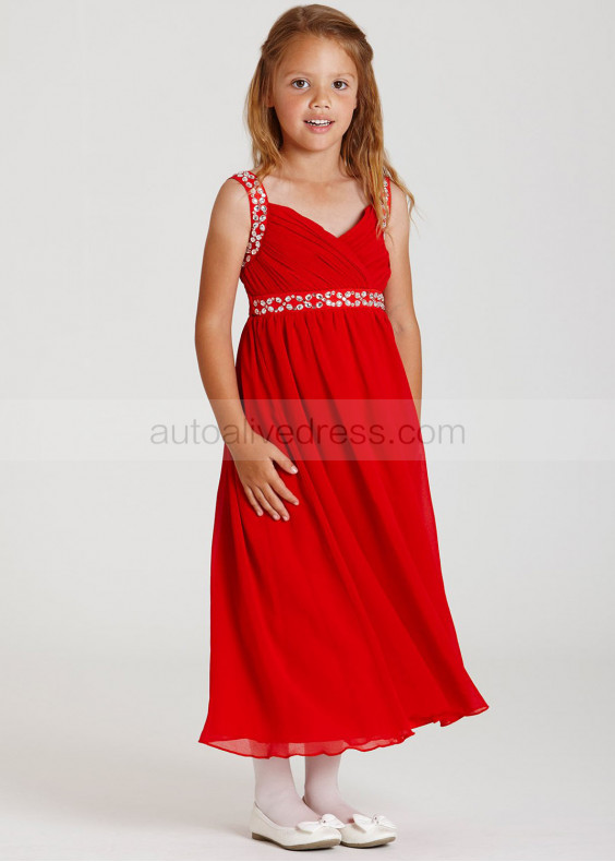 Beaded V Neck Chiffon Summer Wedding Flower Girl Dress 